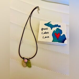 Great Lakes Green Beach Glass, rock and rose charm Necklace  -Handcrafted